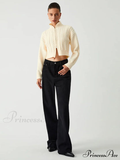 Cable Knit Two Way Zip Crop Cardigan