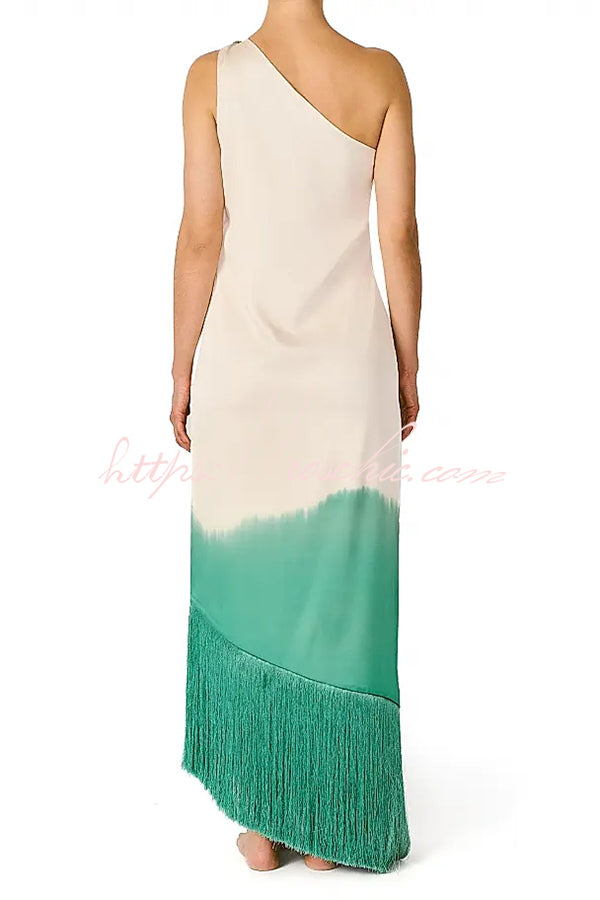 Vibrant Ombré Print Ruched One Shoulder Tassle Trim Vacation Maxi Dress