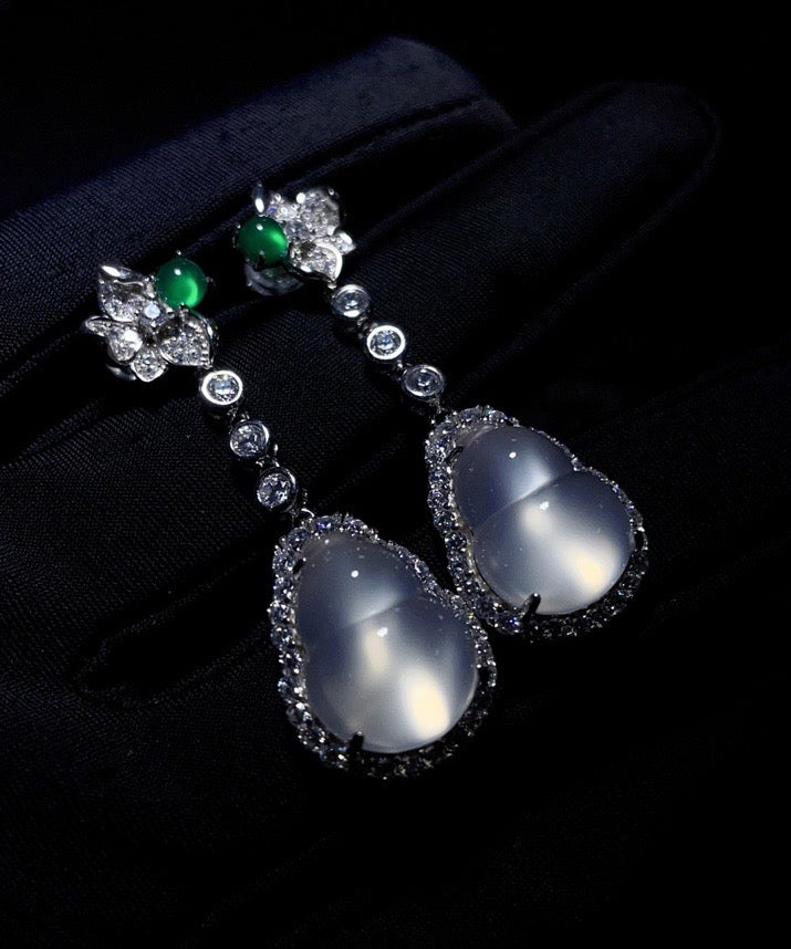 Nude Sterling Silver Inlaid Zircon Jade Gourd Drop Earrings