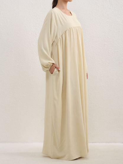 Long Sleeves Loose Pleated Color Split-joint Round-neck Maxi Dresses
