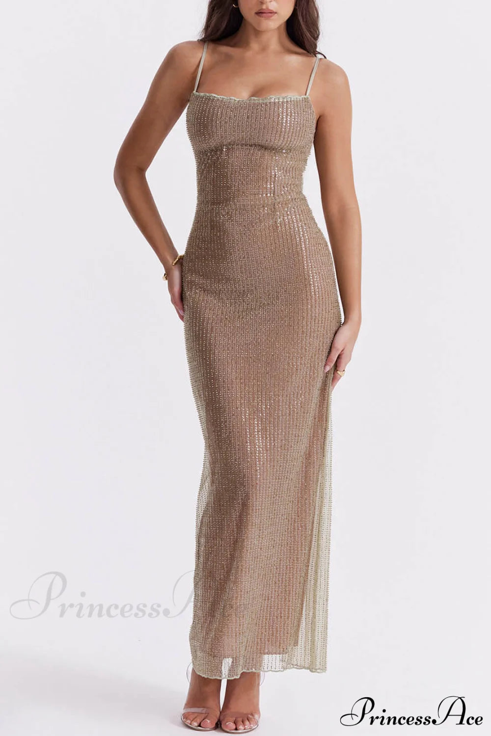 Cafe Au Lait Charming Beaded Maxi Dress