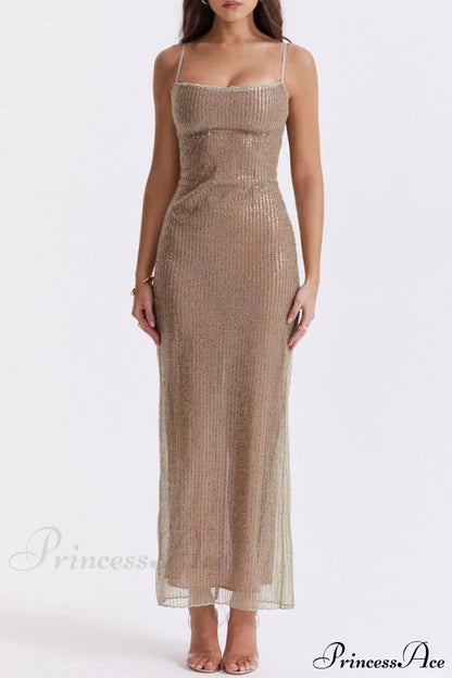 Cafe Au Lait Charming Beaded Maxi Dress