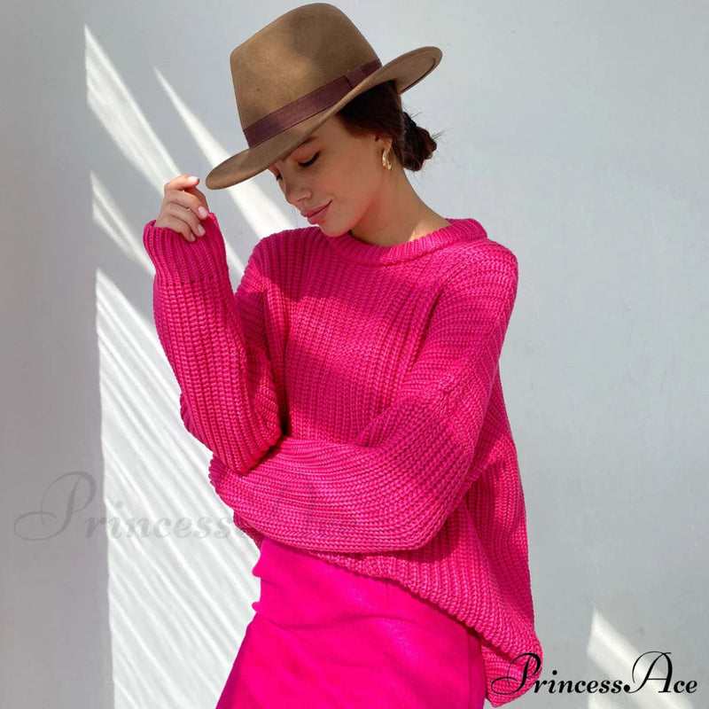 Candy Color Crewneck Pullover Sweater - Purple
