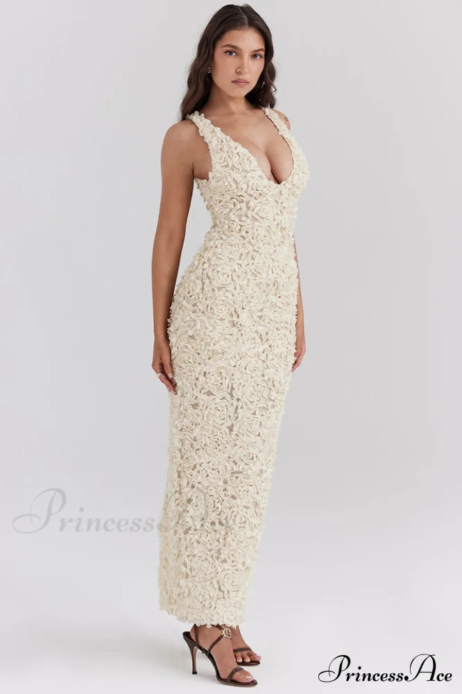 Carena Plunge Charming Applique Maxi Dress
