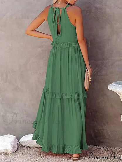 Ruffle Halter Sleeveless Classic Female Party Outfits Beach Maxi Dress