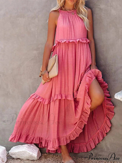 Ruffle Halter Sleeveless Classic Female Party Outfits Beach Maxi Dress