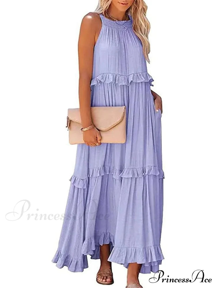 Ruffle Halter Sleeveless Classic Female Party Outfits Beach Maxi Dress