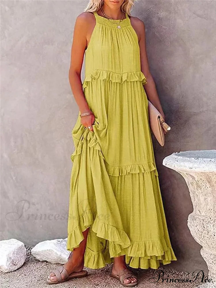 Ruffle Halter Sleeveless Classic Female Party Outfits Beach Maxi Dress