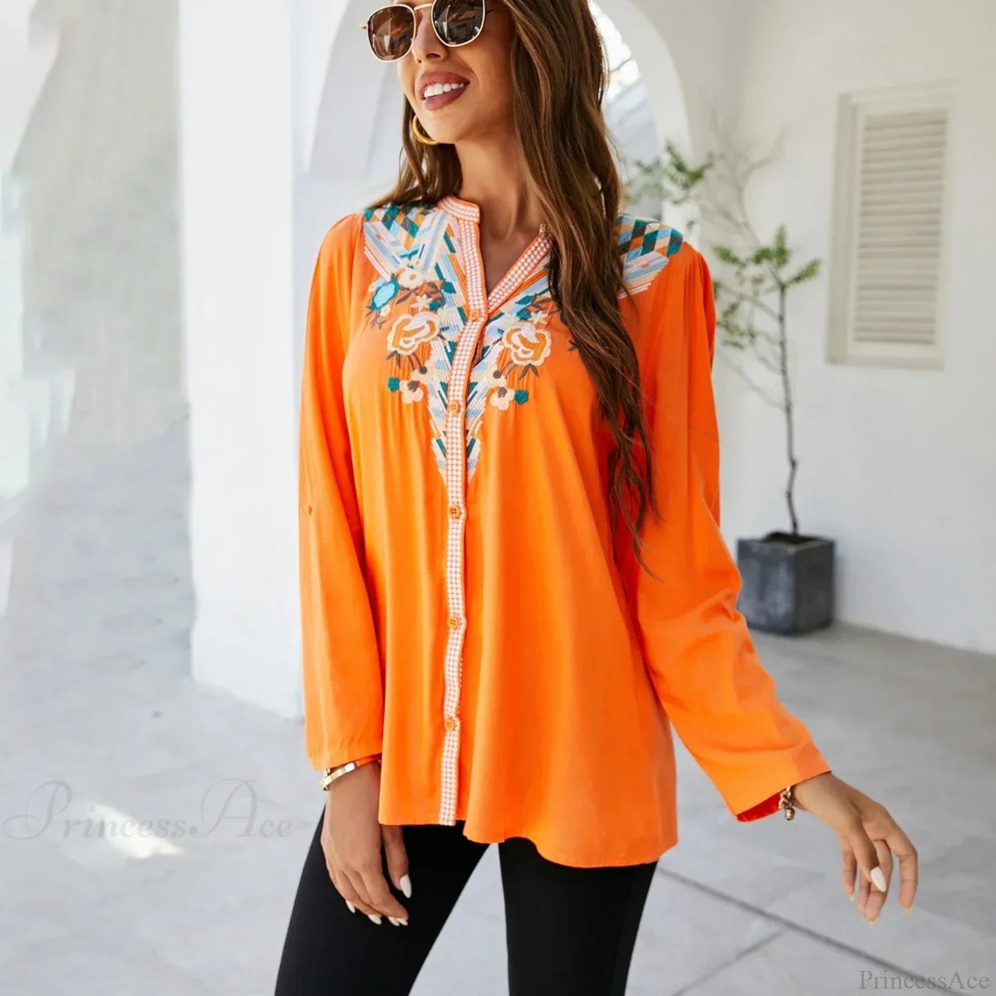Embroidery Oversize Cotton Long Sleeve Blouse