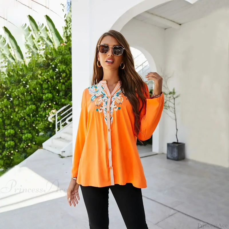 Embroidery Oversize Cotton Long Sleeve Blouse