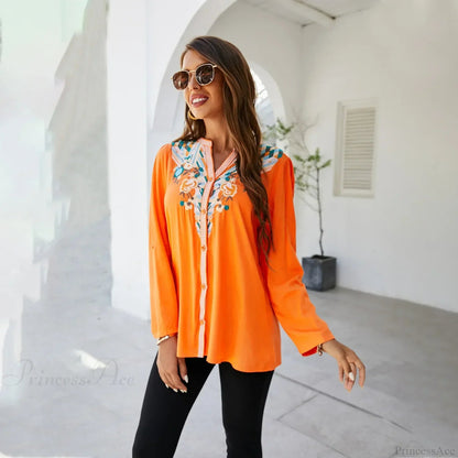 Embroidery Oversize Cotton Long Sleeve Blouse