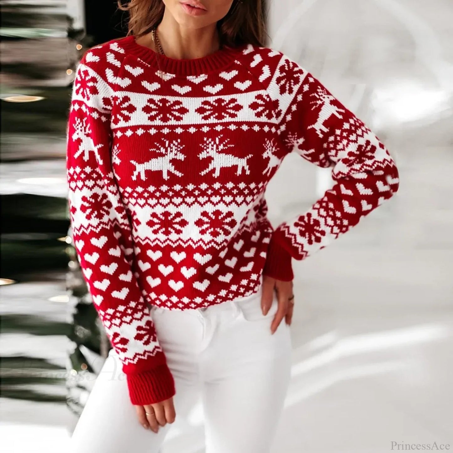 Long Sleeve Print Pullover Knitted Christmas Christmas Sweater
