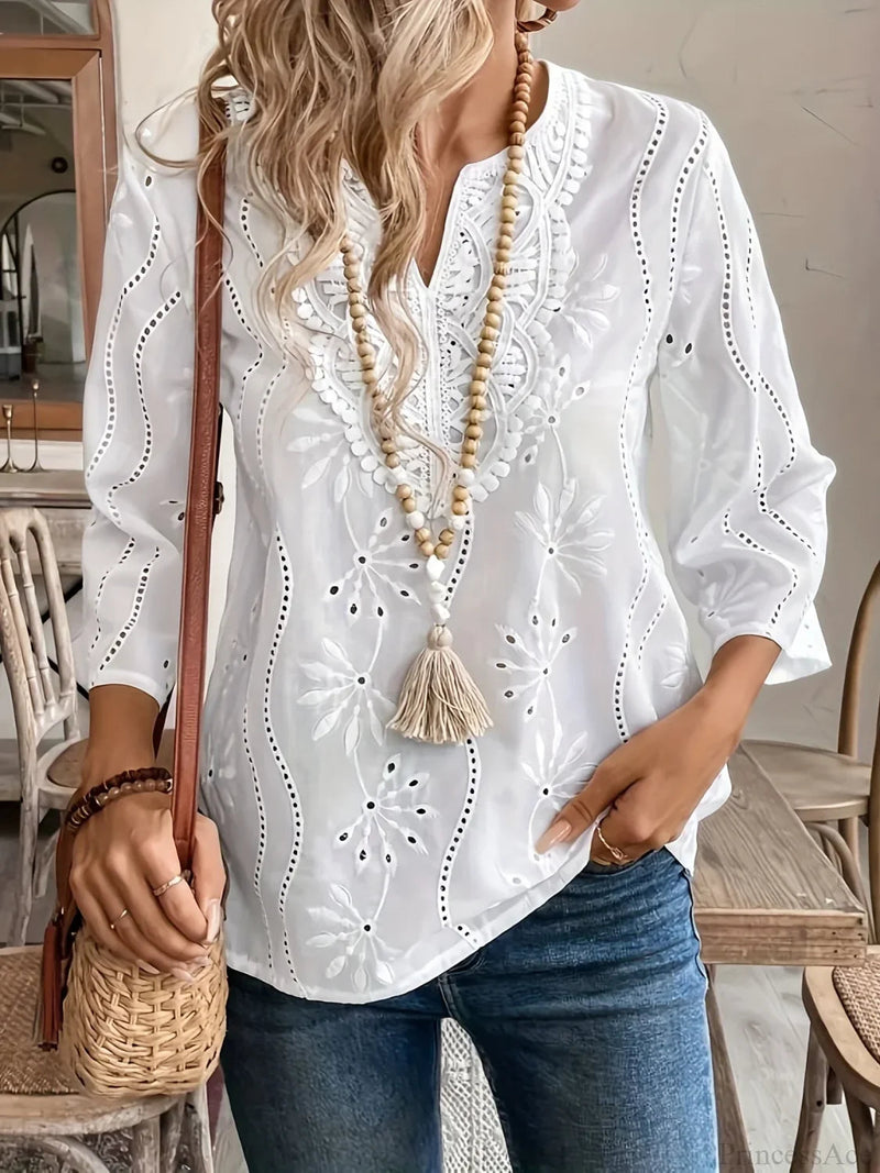 Loose V-neck Lace Splicing White Blouse