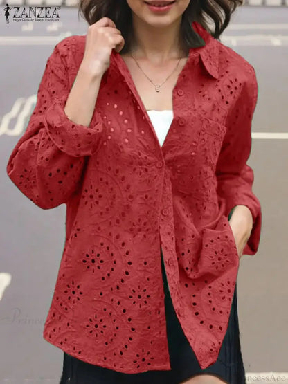 Patchwork Turn-down Collar Embroidered Blouse