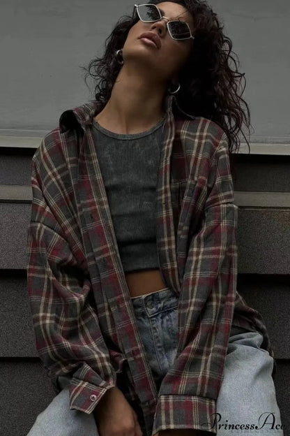 Plaid Lapel Shirt Blouse