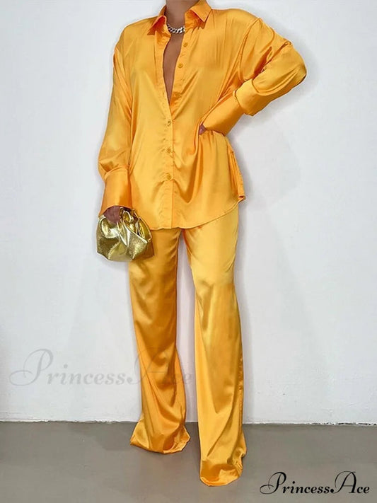 - Set Long and With Outfit Wide Two Piece Arm Blouse Leg Loose Satin Pants