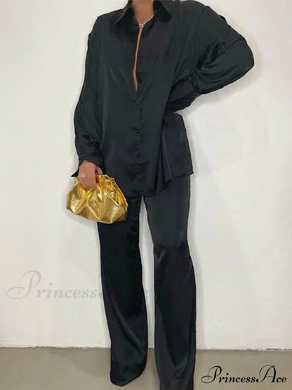 - Set Long and With Outfit Wide Two Piece Arm Blouse Leg Loose Satin Pants