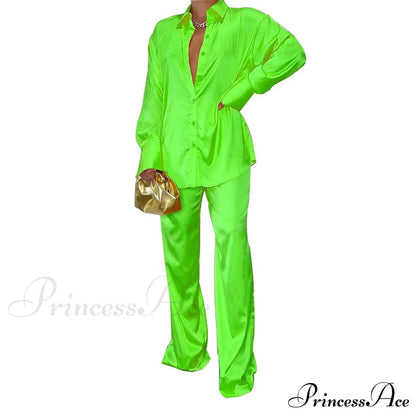 - Set Long and With Outfit Wide Two Piece Arm Blouse Leg Loose Satin Pants