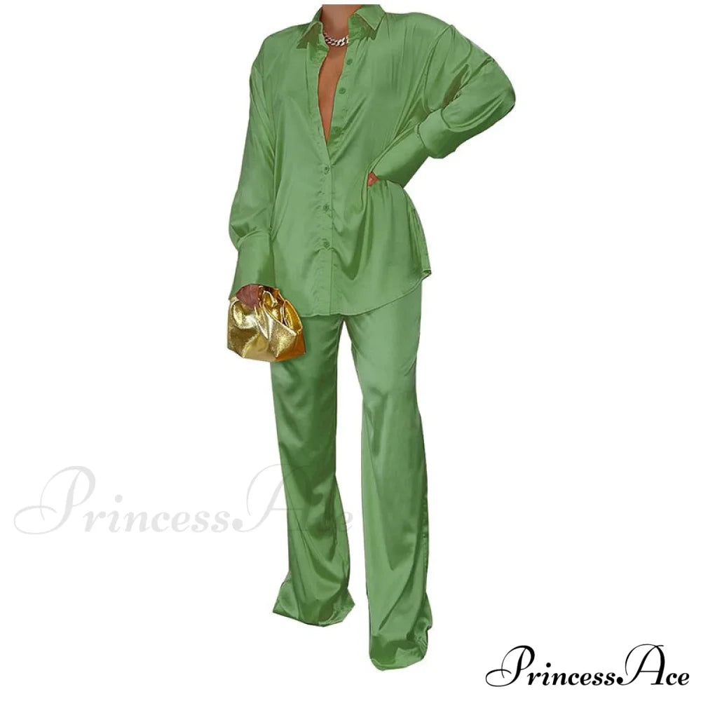 - Set Long and With Outfit Wide Two Piece Arm Blouse Leg Loose Satin Pants