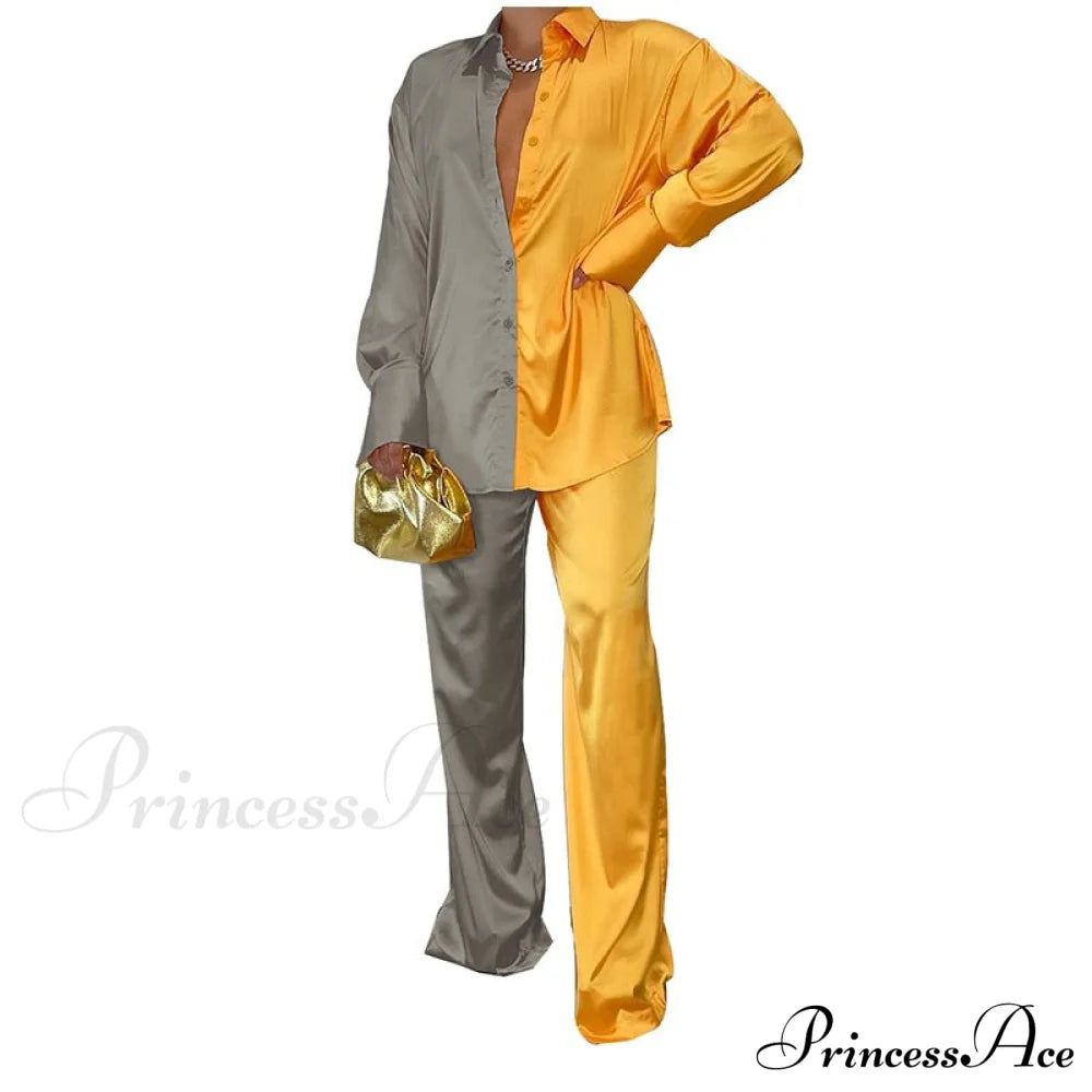 - Set Long and With Outfit Wide Two Piece Arm Blouse Leg Loose Satin Pants