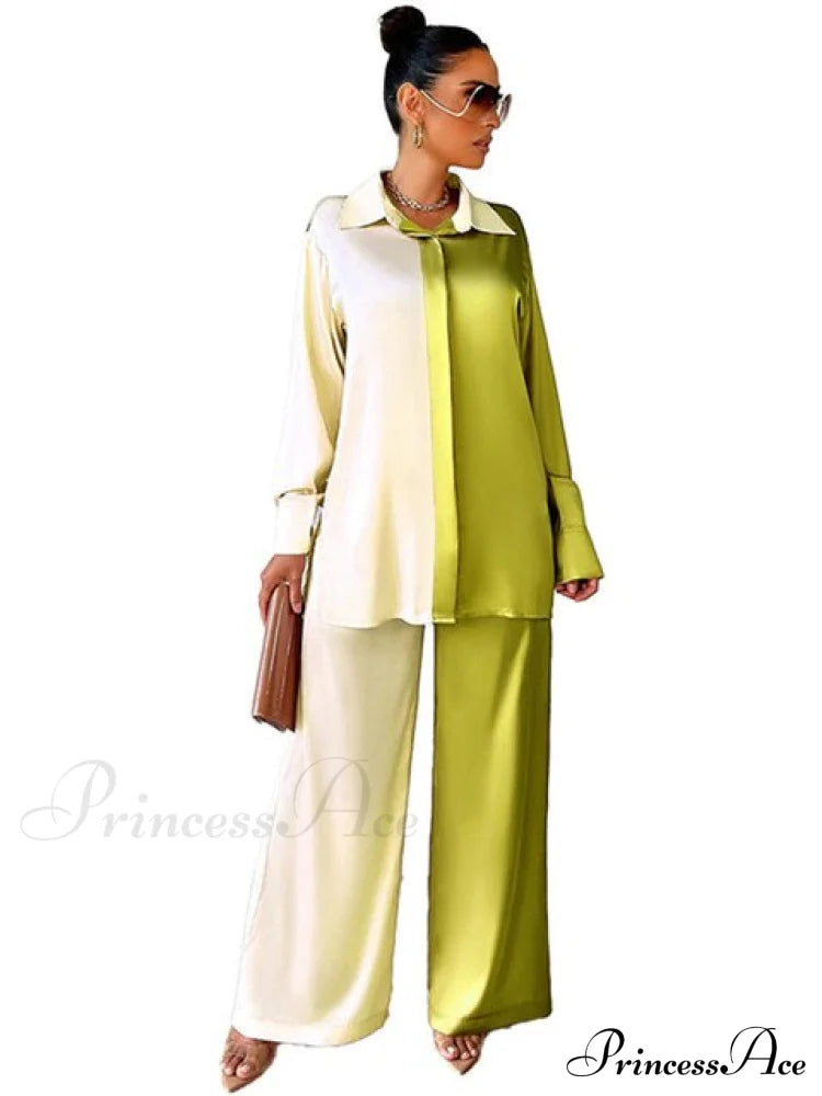 - Set Long and With Outfit Wide Two Piece Arm Blouse Leg Loose Satin Pants