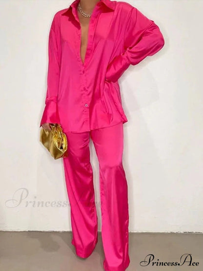 - Set Long and With Outfit Wide Two Piece Arm Blouse Leg Loose Satin Pants