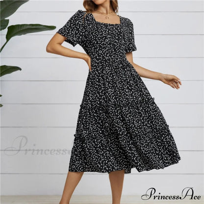 Short Sleeve Square Collar Ruffles Chiffon Dress