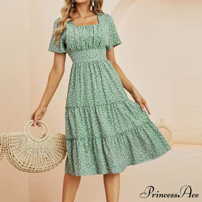 Short Sleeve Square Collar Ruffles Chiffon Dress