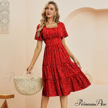 Short Sleeve Square Collar Ruffles Chiffon Dress