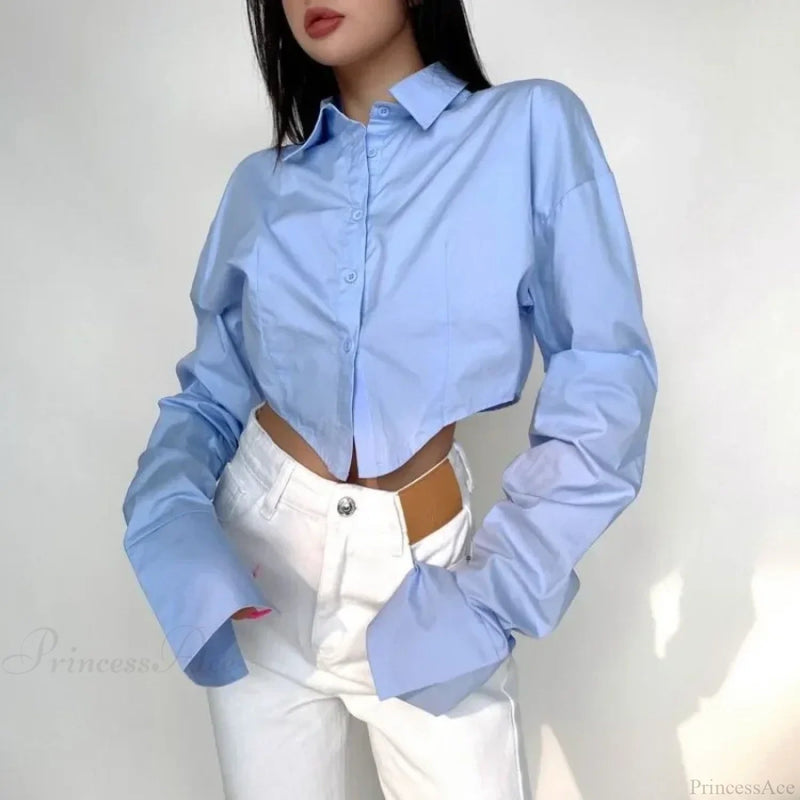 Single Breasted Turn Down Collar Short Sleeve Blouse