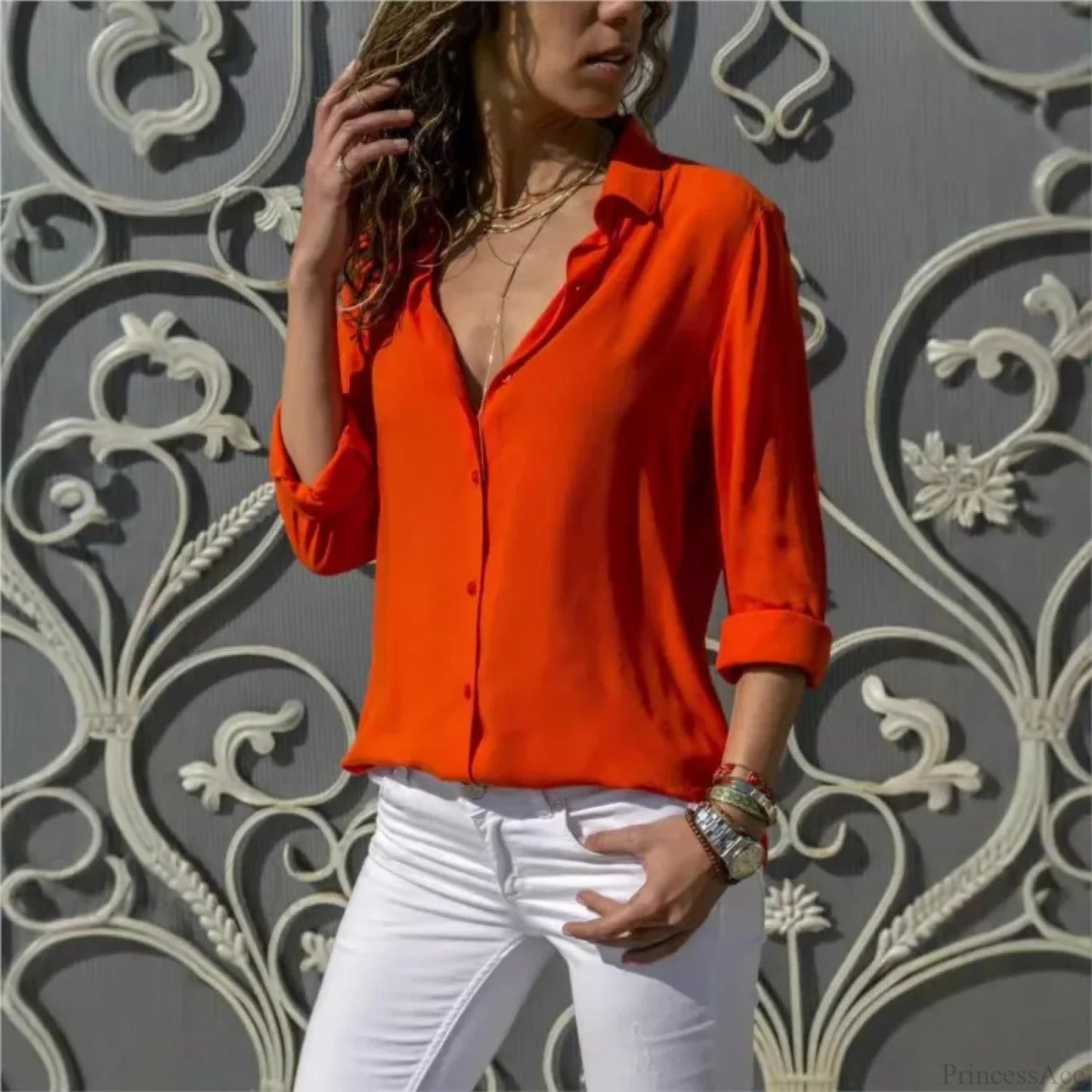 Color Long Sleeve Button Blouse