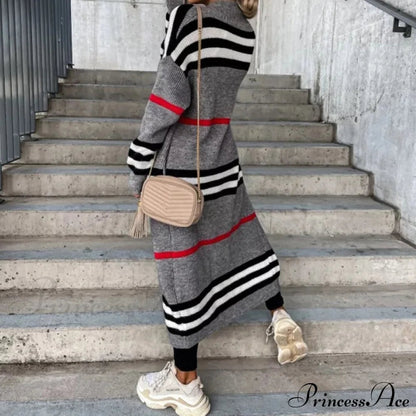 Striped Color Matching Knitted Long Sweaters Cardigan