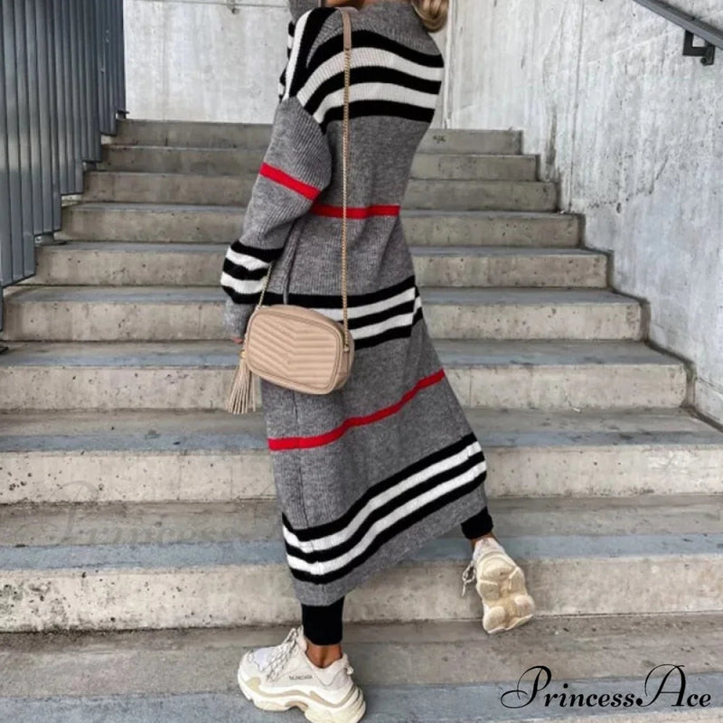 Striped Color Matching Knitted Long Sweaters Cardigan