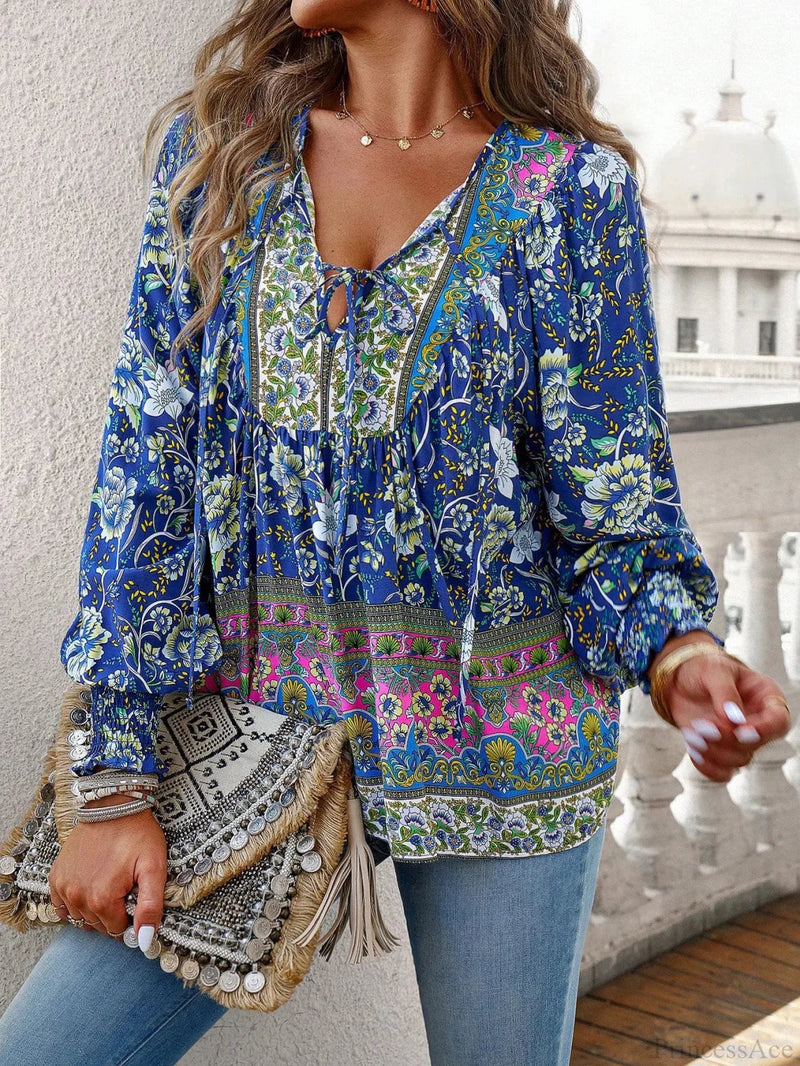 V-neck Print Long Sleeve Blouse