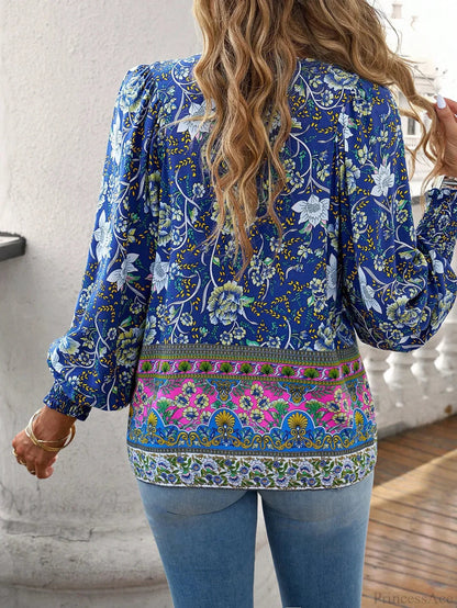 V-neck Print Long Sleeve Blouse