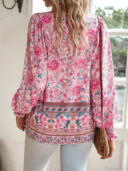 V-neck Print Long Sleeve Blouse