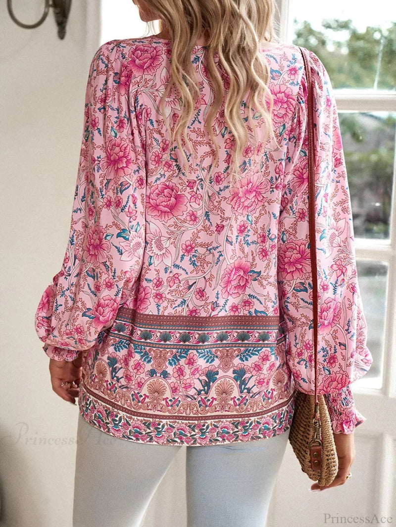 V-neck Print Long Sleeve Blouse