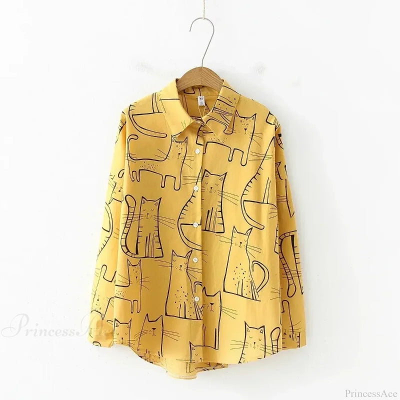 Cat Print Long Sleeve Blouse