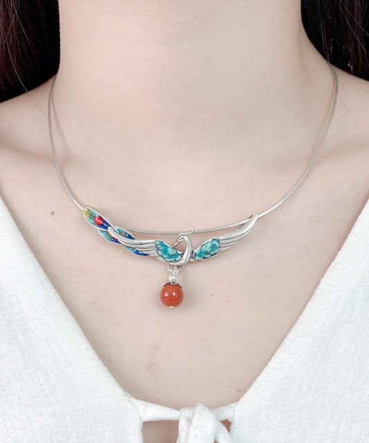 Red Sterling Silver Agate Phoenix Pendant Necklace