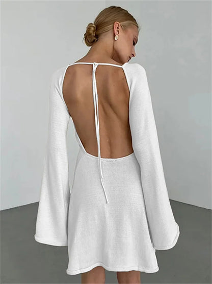 Backless Knitwear Lace-up Mini Dress Female Long Sleeve Loose Holiday Beach High Waist Dress Knit Dress