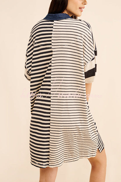 Contrast Striped Patchwork Denim Lapel Loose Mini Dress