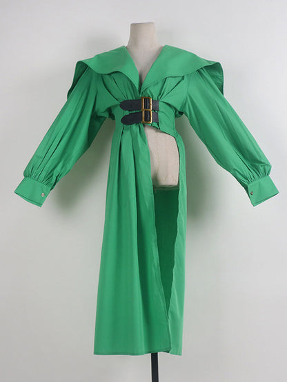 High Waisted Long Sleeves Asymmetric Belted Pleated Color Lapel Midi Dresses