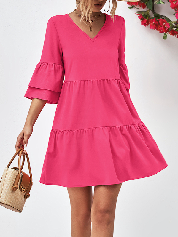 Flared Sleeves Half Sleeves Color V-neck Mini Dresses