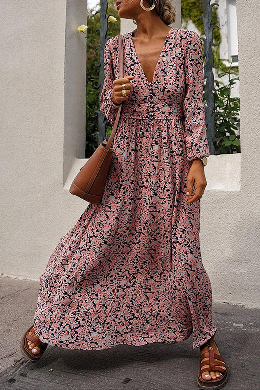 Multicolor Print Buttoned Plunge Neckline Maxi Dress