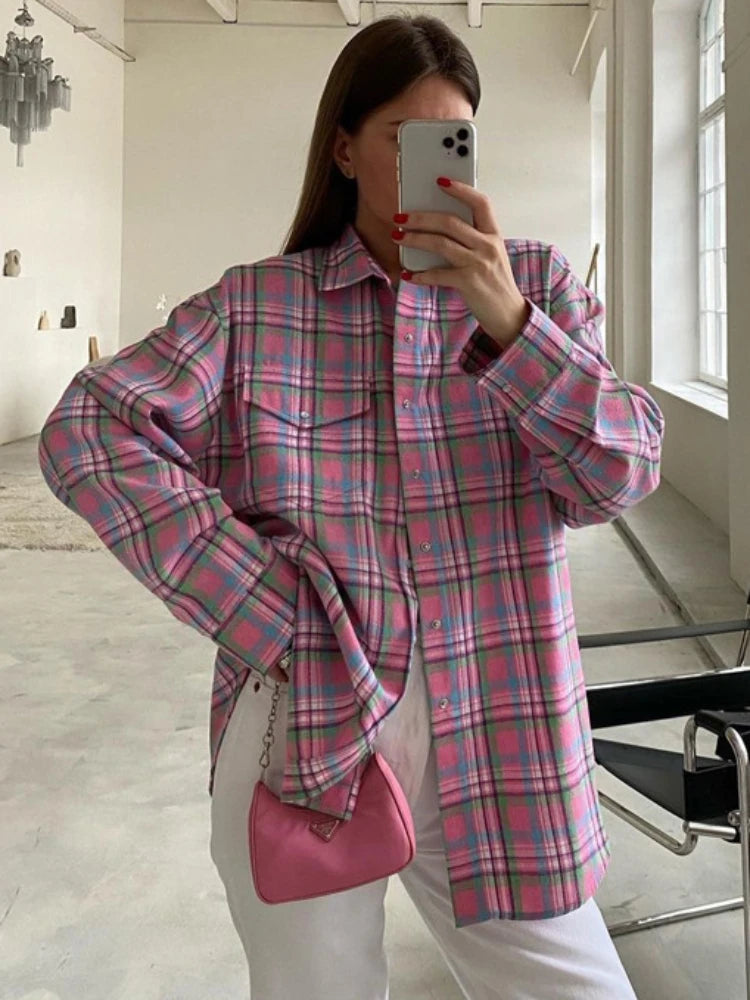 Plaid Blouse Pink Retro Loose Long Sleeve Tops Autumn Trun Down Cotton Shirts Autumn