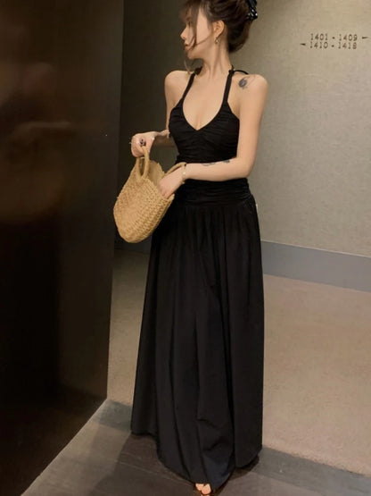 Halter Long Dresses for Slim A-line Holiday Beach Dress Sleeveless V-neck Korean New Spring Summer Clothing