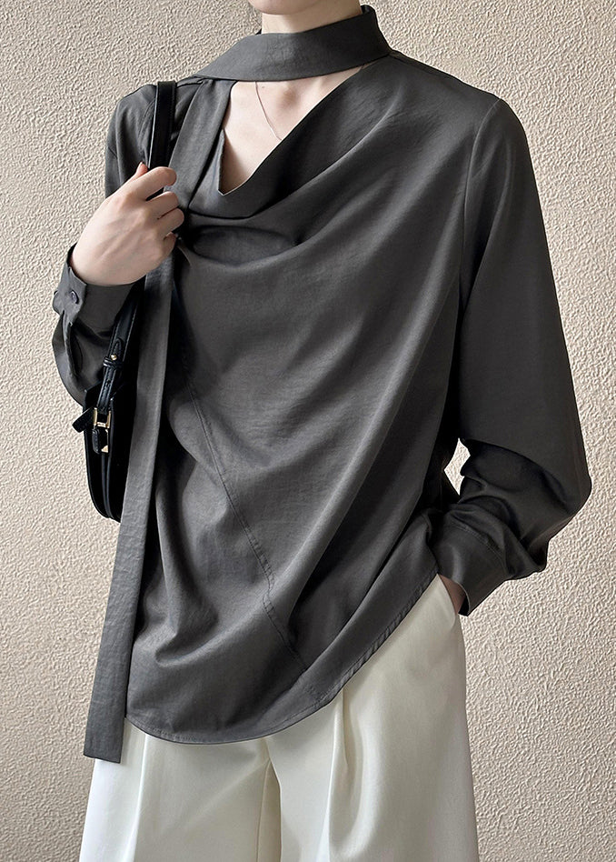 French Grey Button Bow Cotton Blouses Fall Af1058