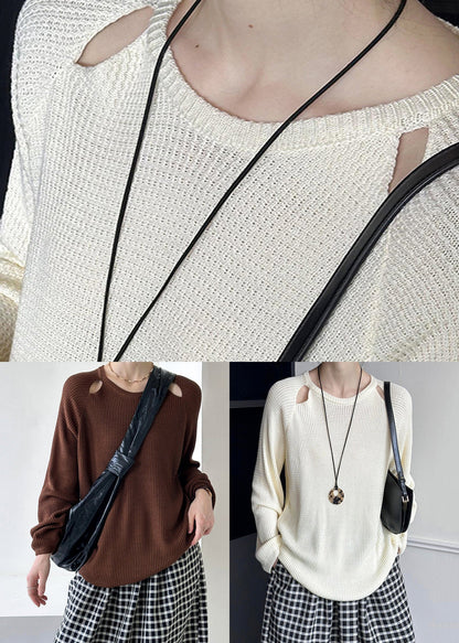 Brown O Neck Hollow Out Knit Sweaters Fall Af1051