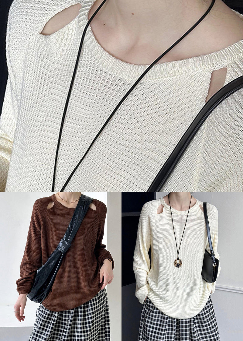 Brown O Neck Hollow Out Knit Sweaters Fall Af1051