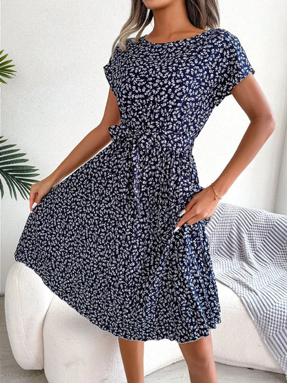 Summer Short Sleeve Long Dress O Neck Lace Up Pleated A-line Office Female Vestidos